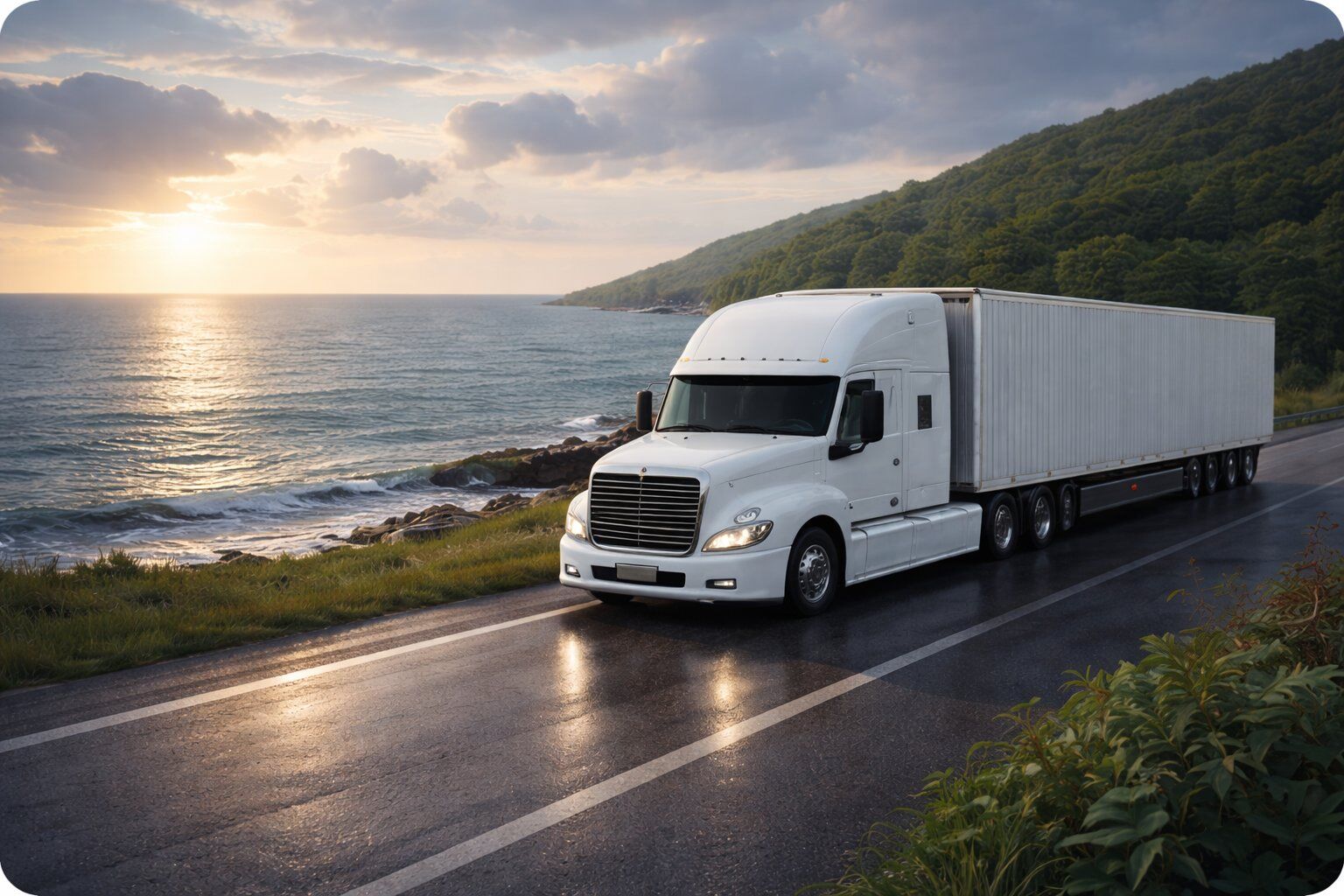 Truck on coastal highway at sunset